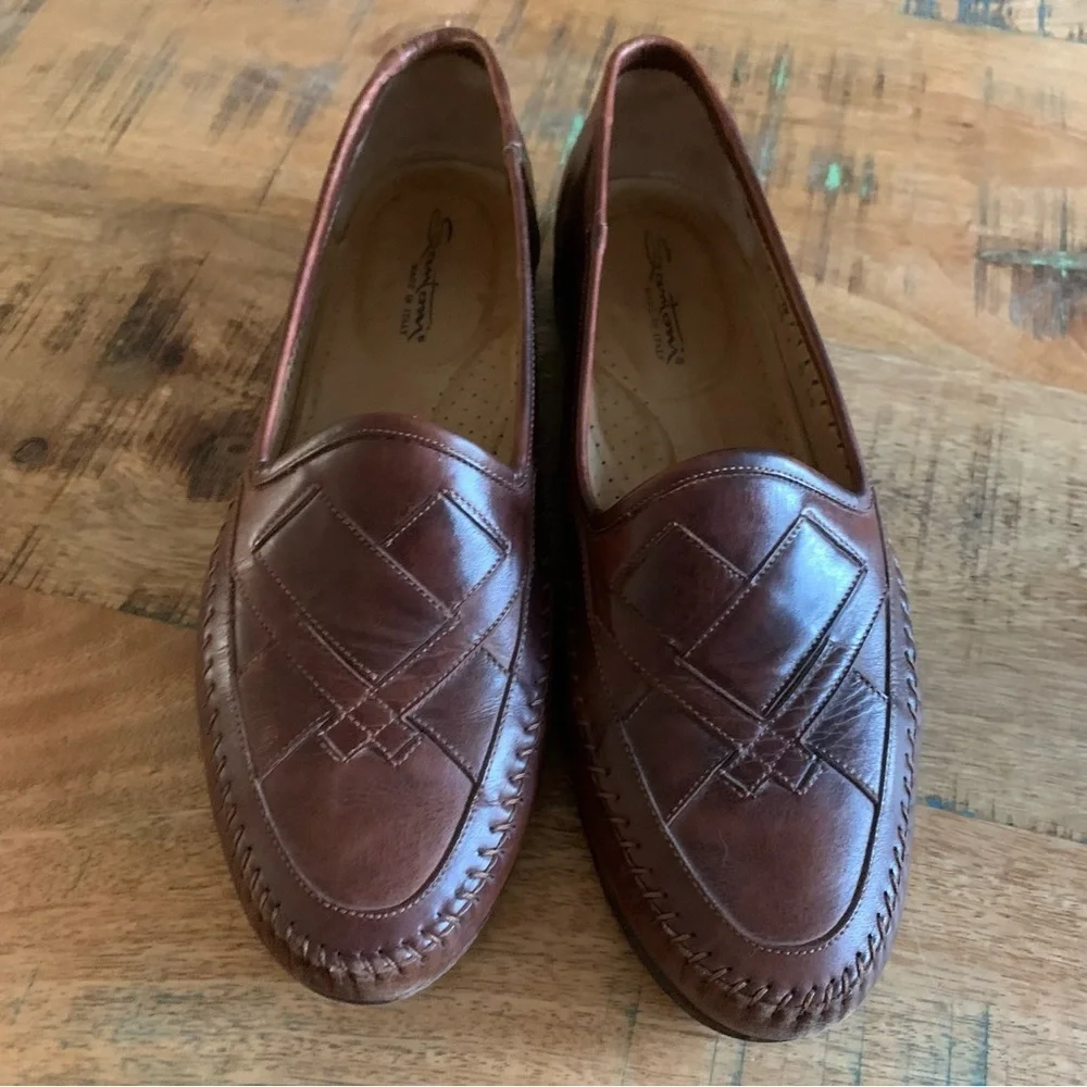 Santoni Mens Leather Interwoven Design almond toe Brown loafers Size 10